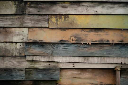 Detail of old cabin wall made with recycled wooden planks, Generative AI 
