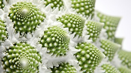 A close-up of the intricate patterns on a Romanesco broccoli, highlighted against a white environment.