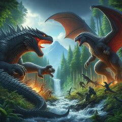 ai generate realistic illustration of a dragon fighting against godzilla - obrazy, fototapety, plakaty
