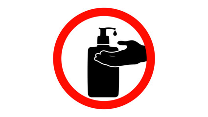 hand under liquid soap, red and black sign