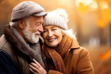 An elderly couple, a man and a woman, hugging in an autumn park. They look at each other with a loving gaze. Old people on a walk. Relationships in old age. Love and romance.