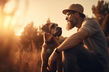 Man playing pet dog at outdoor nature. Park care labrador loft affection. Generate Ai