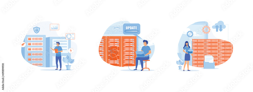 Poster server maintenance. server rack hardware room. settings cloud computing at server racks room. server