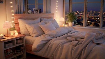 A cozy bedroom setup with soft pastel bedding, plush pillows, and ambient bedside lighting.