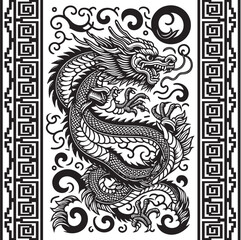 Black and white seamless asian style pattern with chinese traditional ornamental dragon and meanders borders frames. Happy Chinese new year 2024 Zodiac sign, year of the Dragon. Isolated on white