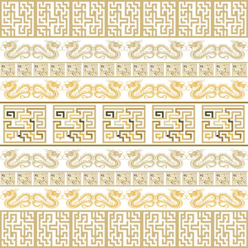 Chinese Borders. Traditional gold dragons seamless pattern with  meander border. Happy Chinese new year 2024 Zodiac sign, year of the Dragon. Isolated trendy vector dragon design on white background