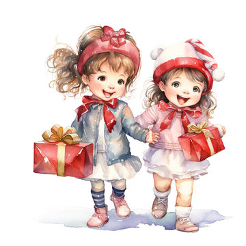 Children carrying Giftbox For Christmas Event. Watercolor Style. AI Generated
