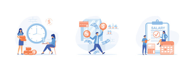 Invest Money. Salary payment. Annual bonus. Salary payment 2 set flat vector modern illustration 