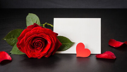 Red roses and red heart with blank greeting card.concept of birthday, or Valentine's day