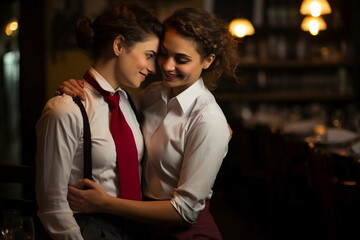 lesbian couple in a restaurant, Valentines day concept