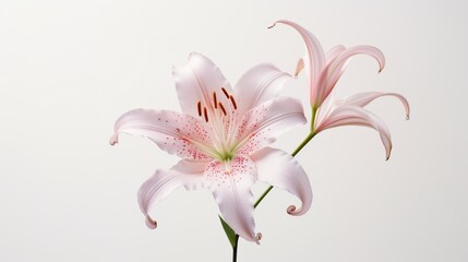 a blooming lily, with intricate stamen and petal textures, all against a pure white background.