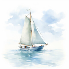 sea ship water sail sailboat summer blue yacht ocean boat travel sky illustration watercolor art wind va