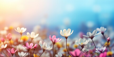 pink white daisy blossom flower field with bokeh and glow light, dream like fantasy in misty morning wildflower meadow, Generative Ai
