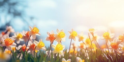 daffodil blossom flower field with bokeh and glow light, dream like fantasy in misty morning wildflower meadow, Generative Ai