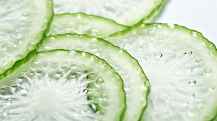 a fresh cucumber slice, its intricate inner patterns showcased against a pristine white backdrop.