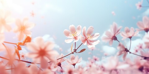 Fototapeta premium pink daisy blossom flower field with bokeh and glow light, dream like fantasy in misty morning wildflower meadow, Generative Ai