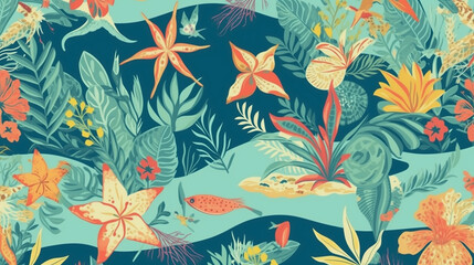 A lively beach cheerful seamless pattern showcasing a tropical paradise with crystal clear turquoise waters. Generative ai.