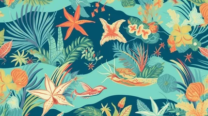 Fototapeten A lively beach cheerful seamless pattern showcasing a tropical paradise with crystal clear turquoise waters. Generative ai. © Narong