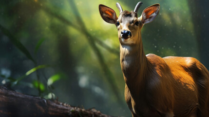 Muntjac (Muntiacus reevesi), also known as the Chinese muntjac, is a muntjac species found widely in southeastern China - obrazy, fototapety, plakaty