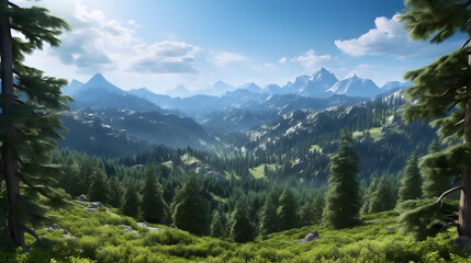 Fototapeta na wymiar Fantastic majestic mountain with green forest in sunny day. Beauty of nature concept background.