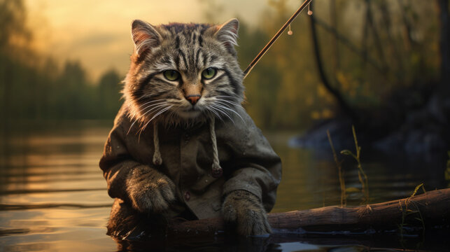 A beige cat fisher with a fishing rod caught a trout. In a forest river
