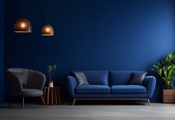 Dark blue modern sofa design with grey armchair and decors against royal blue empty wall. Two lamps hanging through ceiling.