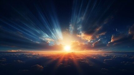 Dark sky background. Sunrise in space. Sunrise with rays and lens flare.