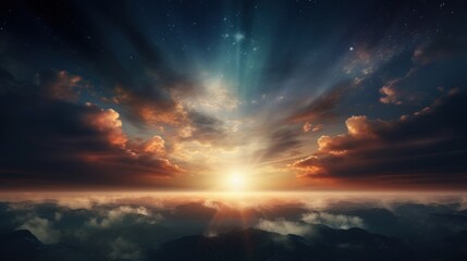 Dark sky background. Sunrise in space. Sunrise with rays and lens flare. - obrazy, fototapety, plakaty