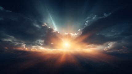 Dark sky background. Sunrise in space. Sunrise with rays and lens flare. - obrazy, fototapety, plakaty