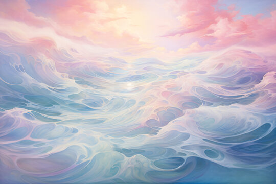 Pastel Waves and Clouds Dreamscape, Pink and Blue Sky Seascape