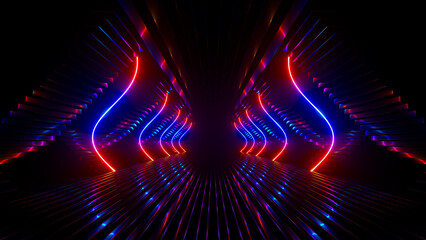 Sci Fi neon glowing lines in a dark tunnel. Reflections on the floor and ceiling. Empty background in the center. 3d rendering image. Abstract glowing lines. Technology futuristic background.