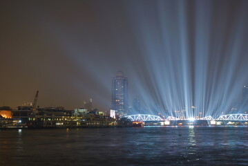 celebration fireworks and lighting at Phra Phuttha Yodfa memorial bridge Cho Phraya river in Thailand 