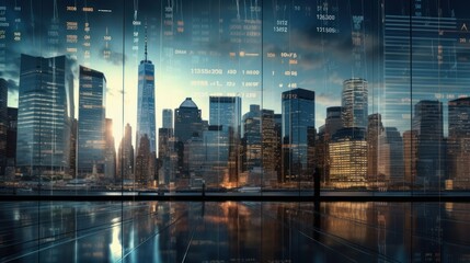 A showcase of stock market quotes with a reflection of a city scene on the glass. Financial stock market numbers and city light reflection.