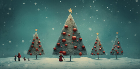 Christmas trees in front of the snowing christmas scene cute cartoonish designs dark red and sky blue