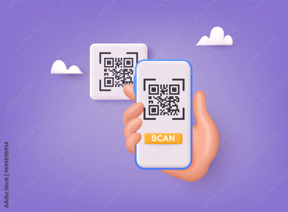 Poster hand holds smartphone and push button to scans qr code for online payment. 3d web vector illustratio