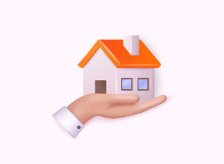 Fototapeta na wymiar Hand holding home. Minimal Home icon and logo. Property insurance template. 3D Web Vector Illustrations.