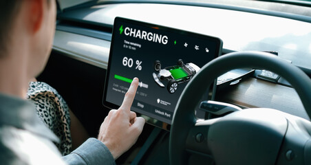 Electric car driver checks battery charging status, range and charging limit on app screen in the...