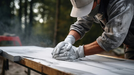 Worker working on a construction site. Close-up of hands.