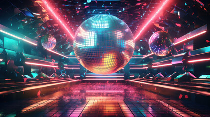 Nightclub with disco ball and neon lights.