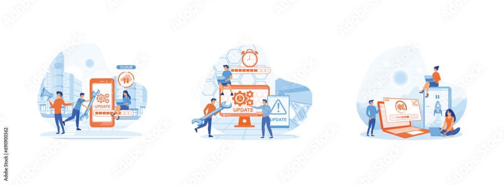 Poster system updates, updating software, programs and applications, computer laptop screen with updating p