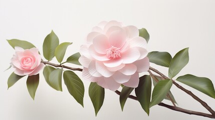 A gentle camellia, with soft pink petals layered in harmony, set against a white scene.