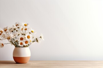 Chamomile Flowers in Beige Clay Vase on Wooden Table by Blank White Wall. Home Interior Background