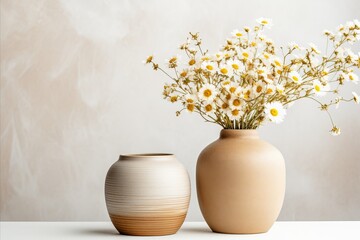 Wooden Table with Beige Clay Vase and Chamomile Bouquet Near Blank White Wall Home Interior