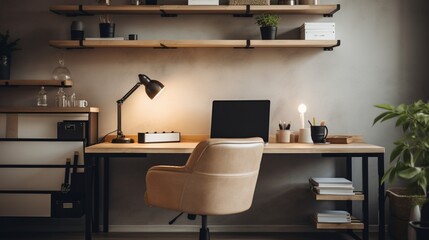 A home office setup, featuring a sleek desk, ergonomic chair, and an array of organized office supplies.