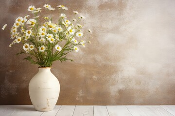 Fototapeta na wymiar Wooden Table with Beige Clay Vase and Chamomile Flowers. Home Interior Background with Copy Space