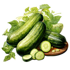 Dissected Fresh Cucumber: Watercolor-Styled Clip Art Isolated on Transparent Background