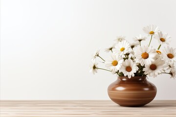 Cozy Home Interior. Wooden Table, Beige Clay Vase, Chamomile Flowers Near Blank White Wall