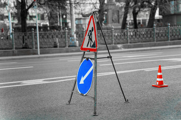 Road Works Detour Sign on Carriageway
