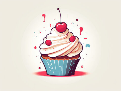 Stylised cupcake with a cherry on top on a pastel background.