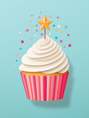 Stylised retro illustration of a cupcake on a pastel stripy background.